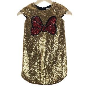 Disney Minnie Mouse Gold Sequined Tunic Dress Girls Size 5/6 Lined Back Zip EUC